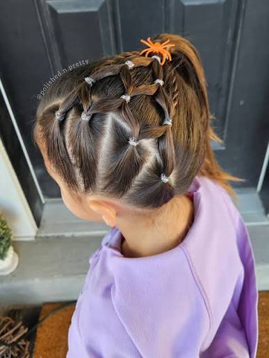 🕷 🕸 Webs and Spiders! Today's hairstyle was inspired by spiders and webs.  We did a web into high side ponytail and added a spider in place of a bow.  The spider
