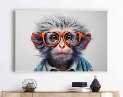 Funny monkey in jacket and sunglasses amusing animals Canvas Print Framed  Colorful Animals Contemporary Wall Art Decor Living Room Decor