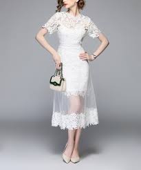Kaimilan White Floral Crochet Lace Overlay Sheer Skirt Mock Neck Midi Dress Women