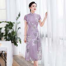 Floral Print Chiffon Qipao Cheongsam Dress Light Purple Qipao Cheongsam Dresses Women