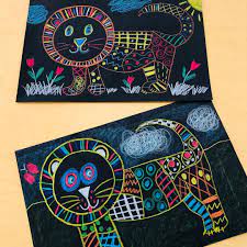 1st Grade Line Pattern Lions Crayola Color Sticks On Black Construction Paper Art Art Artlesson Artwor Art Lessons Elementary Art Lessons First Grade Art