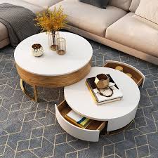 Modern Round Coffee Table With Storage Lift Top Wood Coffee Table With Rotatable Drawers In White Natural White Black Marble White Round Coffee Table Modern Round Coffee Table Living Room Coffee Table Wood