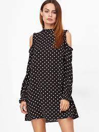 Black And White Polka Dot Long Sleeve Dress Shop Black And White Polka Dot Print Frilled Open Shoulder Dress Online Shein Offers Black And White Simple Long Sleeve Dress Long Sleeve Cotton Dress Fashion