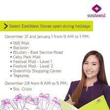 Please be advised of the 4:00 pm shortened banking operating hours of our division 14 stores today, january 13, 2020, to ensure the safety of our store personnel due to taal volcano eruption that continues to spew ashes. Eastwest Bank Facebook
