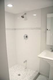 Yes White Tile Shower With Accent Stripe To Match Vanity Backsplash From Other Photo White Tile Shower Trendy Bathroom Bathrooms Remodel