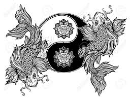 Black And White Koi Fish Tattoo With Flowers Vector Koi Carp Fish Ornate Asian Animal Yin And Yang Beautiful Vintage Oriental Symbol Of Harmony Balanc Koi Fish Drawing Koi Fish Tattoo Yin Yang Tattoos