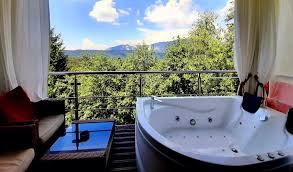 Che ne dite di una jacuzzi in camera? Camera Ionia Double Deluxe Cu Baldachin Si Jacuzzi Pentru 2 Persoane Pe Terasa Camerei Sau In Interiorul Camerei Langa Fereastra Si Pat Hoteluri Predeal Mythos Luxury Rooms Hoteluri