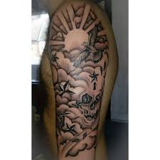 Shop tattoo inks, tattoo pens, and accessories. Black Grey Shaded Half Sleeve Done Today Doves Clouds Stars And A Skull Enjoyed Doing This Despite T Cloud Tattoo Cloud Tattoo Sleeve Star Sleeve Tattoo