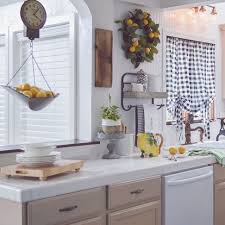 Black And White Farmhouse Kitchen Ideas White Summer Kitchen With Lemon Yellow Black White Buffalo Check Curtains Cottage Farmhouse Home Decorating Kitchen Decor Lemon Kitchen Lemon Kitchen Decor