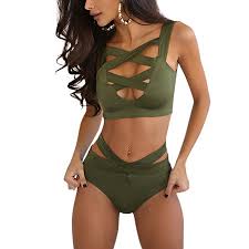 Womens Sexy Criss Cross High Waist Bandage 2pcs Bikini Set Swimsuit