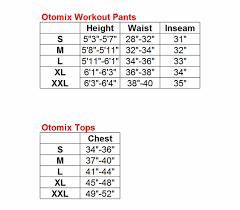 Otomix Workout Pants And Tops Size Charts