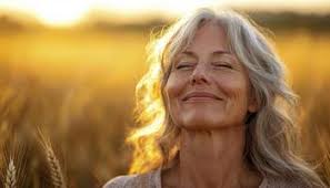 In a serene field bathed in the golden light of the setting sun, an elderly  woman