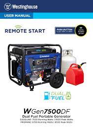 The westinghouse wgen9500df dual fuel portable generator produces up to 12,500 peak watts and 9,500 running watts, the wgen9500df is a dual fuel generator that operates on gasoline or propane (lpg). Westinghouse Wgen7500df Operating Instructions Manualzz