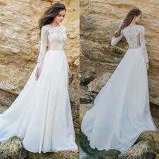 Long Sleeve White Lace Bodice Chiffon Skirt Elegant Simple Beach Wedding Dresses Wd0408 Lace Wedding Dresses Plus Wedding Dresses Wedding Dresses Satin Chiffon Wedding Dress Beach