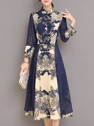 Navy Blue A Line Buttoned Paneled Floral Printed Long Sleeve Midi Dress Pakaian Wanita Model Baju Wanita Model Pakaian