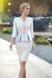 Cheap Appliqued Mother Of The Bride Dresses With 3 4 Sleeves Peplum Wedding Guest Dress Knee Length Plus Size Jacket Mothers Groom Gown Mother Of The Groom Dres Gorgeous Dresses Beautiful Dresses
