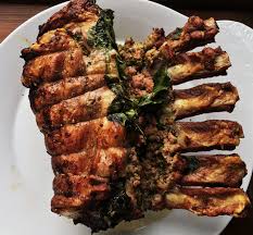 Sausage And Spinach Stuffed Bone In Pork Loin Hummingbird Thyme Recipe Bone In Pork Loin Pork Pork Loin