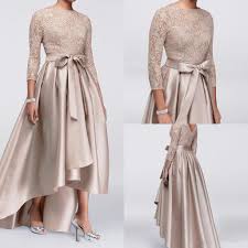 3 4 Long Sleeve Lace Mother Of The Bride Dresses 2019 Hot Selling Bow Sash A Line High Low Satin Formal Party Gowns M010 Mother Of The Groom Plus Size