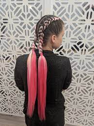 Two Dutch Braids With Pink Extensions Stopping Half Way To Create Piggy Tails Festival Braids Braided Hairstyles Mermaid Braid