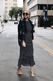 Love This Black Leather Jacket Over Pretty Polka Dot Maxi Dress Dots Outfit Holiday Fashion Trends Fashion
