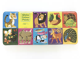 Big Vintage Paint Set Tin Box Watercolors Animals Monkey Tiger Lion Peacock Turtle Fish Butterfly Paint Set Vintage Painting Watercolor Paint Set