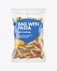 Matte Plastic Bag With Tricolor Pennoni Rigati Pasta Mockup In Bag Sack Mockups On Yellow Images Object Mockups