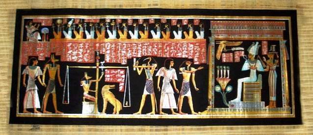 Egyptian Papyrus Painting: The Final Judgement dramatic black background