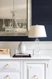 Customize any space or decor with blue grasscloth peel and stick wallpaper by roommates. Dining Space With Navy Blue Grasscloth Wallpaper And White Wainscoting Transitional Dining Room