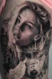 Black And Grey Realism Tattoo Artists London Realistic Woman And Wolf Tattoo Made By John Hudic In London Black And Grey Tattoos Wolf Tattoo Realism Tattoo