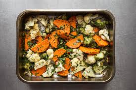 Sheet pan roasted broccoli and sweet potatoes. Roasted Cauliflower Broccoli And Sweet Potato With White Miso Dressing Demuths Cookery School