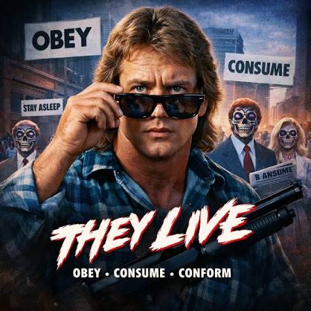 They Live: a timeless horror cult! 😎🧟‍♂️ John Carpenter, master of horror  and sci-fi, gives us a film mixing action, political satire, and a sharp  critique of consumerism. 🌴 Roddy Piper finds