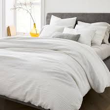 Four interior corner ties keep it in place. West Elm Belgian Linen Contrast Stripe Duvet Full Queen 2 Std Shams White Slate Duvet Covers Bedding Sets Patterer Home Garden