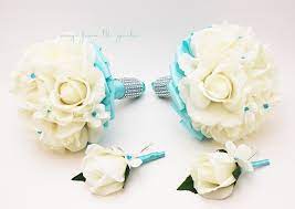 Of the color intermediate between green and violet; White Aqua Blue Wedding Flower Package Bridesmaid Bouquets Groomsman B Songs From The Garden