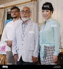 TOKYO, Japan - (from L) Film director Hideaki Anno, animator Hayao Miyazaki  and singer Yumi Matsutoya attend a press conference on the completion of  Miyazaki's new animation film 