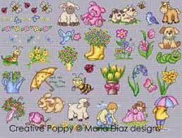 Confederate gray linen using classic colorworks (or dmc 3781, 336, 355, ecru, 729, 937). Maria Diaz Spring Mini Motifs Cross Stitch