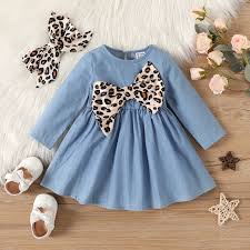 PatPat 2pcs Baby Girl 100% Cotton Denim Long-sleeve Leopard Bow Front Dress  with Headband Set - AliExpress