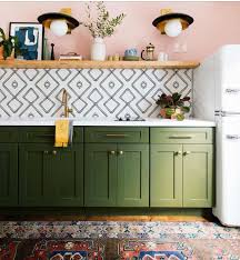 Dabito Kitchen Olive Green Lower Cabinet Black And White Patter Tile Backsplash Blush Open Shelf Upper Kitchen Style Interior Design Kitchen Kitchen Trends