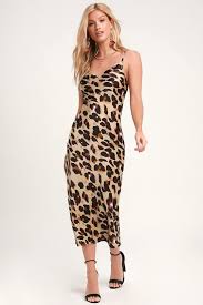 Less Is Roar Taupe Leopard Print Satin Midi Slip Dress Mod And Retro Clothing Leopard Print Dress Leopard Print Maxi Dress Cheetah Print Dress