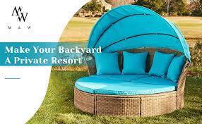 Seamless size is 9.5 ft for max and tuff fabric. Amazon Com M W Patio Furniture Round Outdoor Daybed With Retractable Canopy And Soft Cushions Pe Wicker Rattan Sectional Sofa Set For Lawn Garden Backyard Pool Garden Outdoor