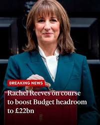 Just in: Rachel Reeves is now on course to increase the government's  self-imposed spending buffer to £22bn, giving her increased flexibility,  according to new forecasts from the Office for Budget Responsibility, which