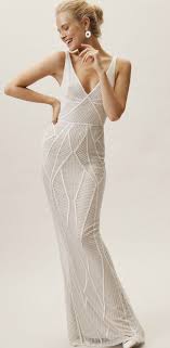 Modern Ivory Beaded Wedding Dress With V Neck And Geometric Beading Created By Rachel Gilbert For Bhldn Linen Wedding Dress Ball Dresses Colored Wedding Gowns