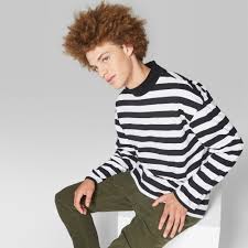 Black And White Striped Long Sleeve Turtleneck Black And White Striped Long Sleeve T Shirt Features A Mock Turtleneck Collar And Drop Shoulders Cotton Blend M Striped Long Sleeve Pullover Tee Pullover Men