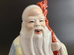 Vintage Immortal Chinese Shour Sau God of Longevity; Porcelain Statue  Figurine, Holding a Peach (BROKEN)