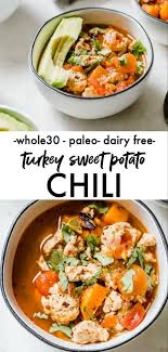 Turkey Sweet Potato Chili A Whole30 Approved Chili Recipe That Uses Sweet Potato In Place O In 2021 Turkey Sweet Potato Chili Sweet Potato Chili Healthy Soup Recipes