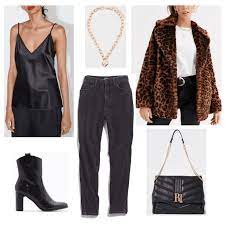 Dinner And A Movie Date Outfit With Jeans Black Tank Top Leopard Coat Black Ankle Boots Quilted Bag Gold Necklace Cute Date Outfits Date Outfits Fashion