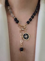 Dainty Onyx Necklace: Citrine, Hematite, Gold Plated Brass Pendant