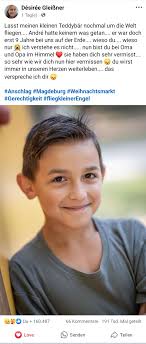 Das jüngste von bisher 5 Todesopfern des Anschlags auf den #weihnachtsmarkt  in #magdeburg : André Gleißner. Seine Mutter Desiree möchte, "dass ihr  Kleiner Teddybär noch mal um die Welt fliegt." und veröffentlicht