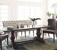Benzara fabric upholstered dining bench with rubber wood feet, gray and walnut brown. French Tufted Upholstered Dining Bench Banquette French Country Dining Room Decor Dining Room Bench French Country Dining Room