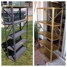 This can take a couple of attempts if you are doing it on your own. 5 Old Metal Shelf Transformed With Sandpaper And Gold Spray Paint Topped Off With A Spray Polyurethane Shelf Makeover Metal Shelves Diy Furniture Projects