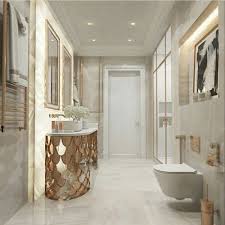 This contemporary vanity design is a nice juxtaposition to the heavily patterned wallcovering in this small but mighty bathroom. Soft Bathroom Designs Are The Trendiest Design Projects On Pinterest